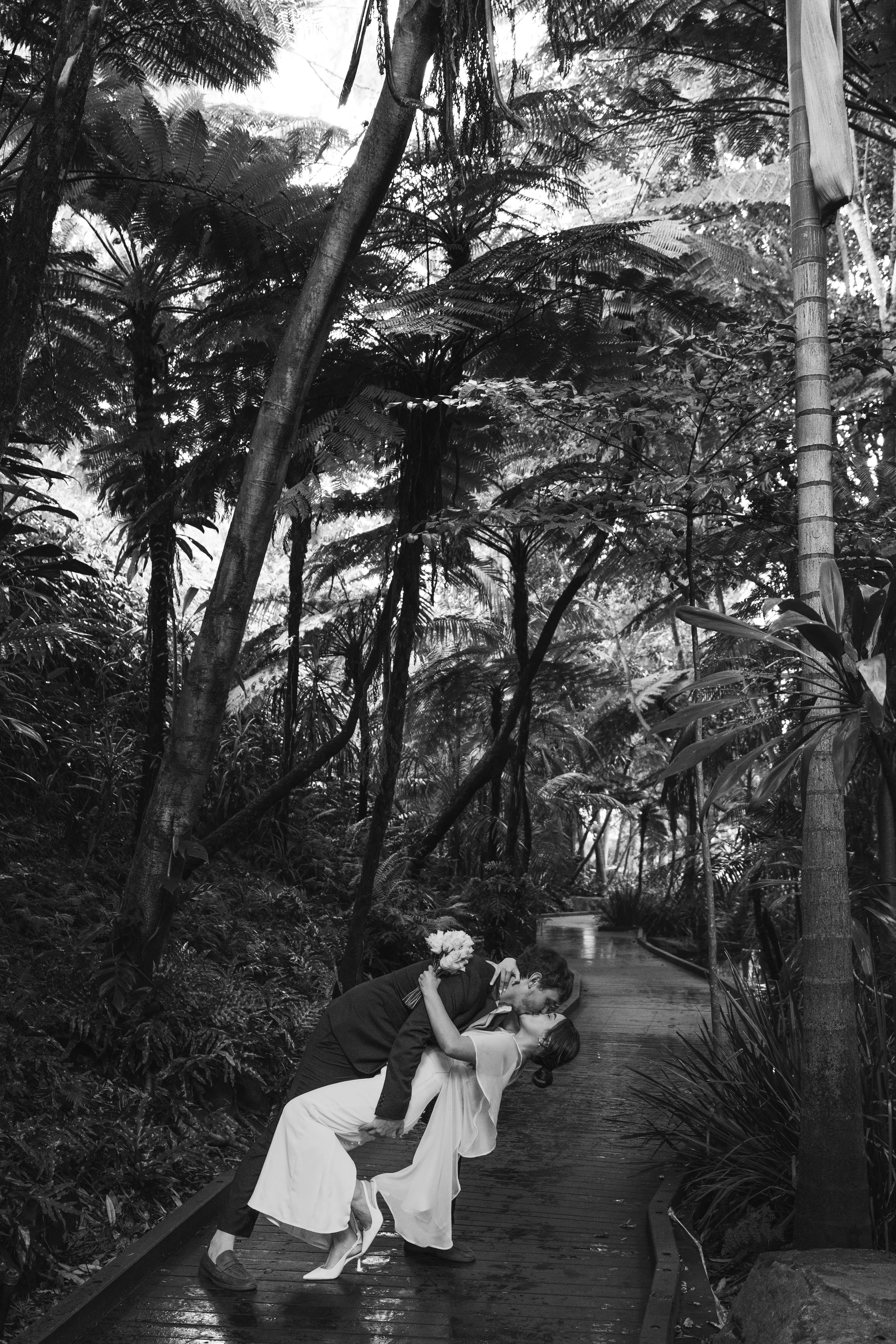 Couple kissing on a rainforest boardwalk, black and white